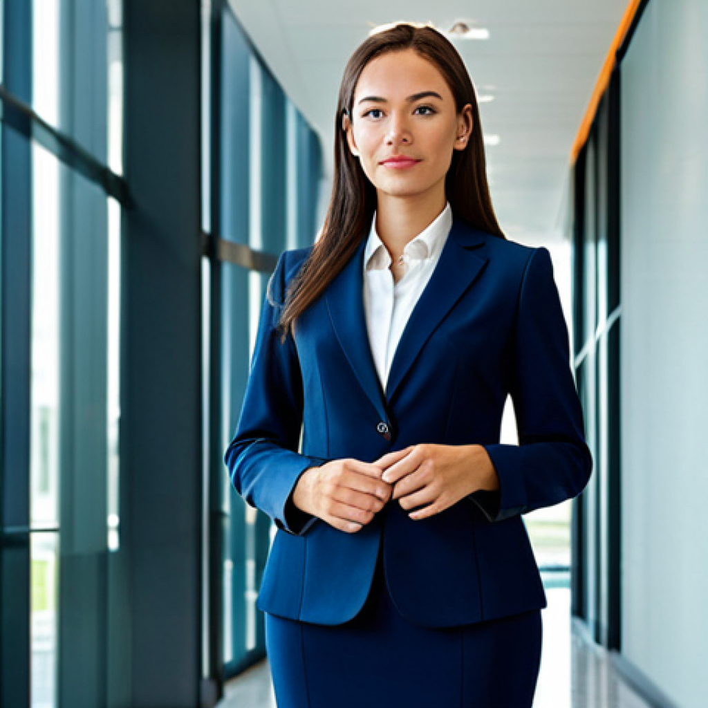 Modern Businesswoman**

"A professional businesswoman in a modest, dark blue business suit, standing confidently in a bright, modern office lobby with glass walls, fully clothed, appropriate attire, safe for work, perfect anatomy, natural proportions, professional photography, high quality."

**
