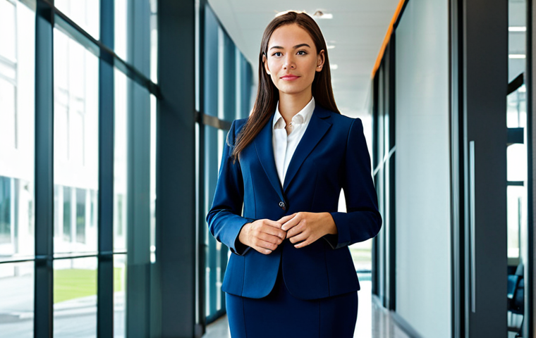 Modern Businesswoman**

"A professional businesswoman in a modest, dark blue business suit, standing confidently in a bright, modern office lobby with glass walls, fully clothed, appropriate attire, safe for work, perfect anatomy, natural proportions, professional photography, high quality."

**